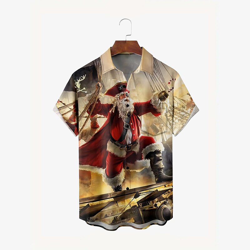 Christmas Men's Santa Claus Hawaiian Shirt Pirate Fashion Casual Outdoor clothing Daily Wear Streetwear Fall Turndown Short Sleeve khaki S M L Normal