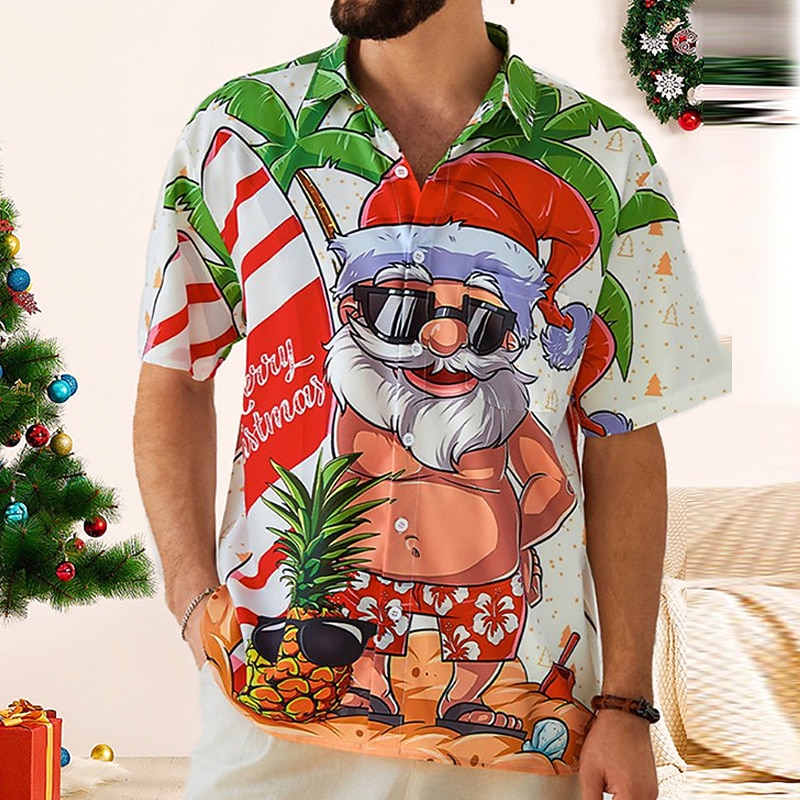Christmas Men's Santa Claus Printed Shirts Santa Claus Casual Daily Wear Going out Autumn / Fall Turndown Short Sleeves Dark Red, White S, M, L 4-Way Stretch Fabric Shirt