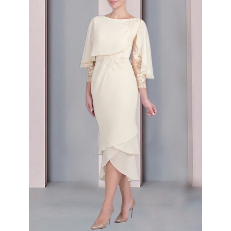 Beach Wedding Sheath Mother of the Bride Dress Wedding Guest Elegant Petite Scoop Neck Tea Length Chiffon 3/4 Length Sleeve with Lace Tier Appliques2