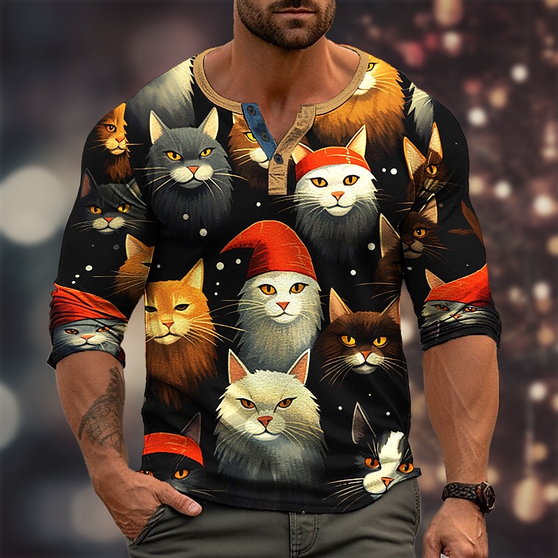 Christmas Men's Santa Claus Henley T Shirt Graphic Hat Fashion Daily Casual 3D Print Henley Casual Holiday Going out Red Brown Green Long Sleeve Henley Spring &  Fall Clothing Apparel S M L XL XXL3