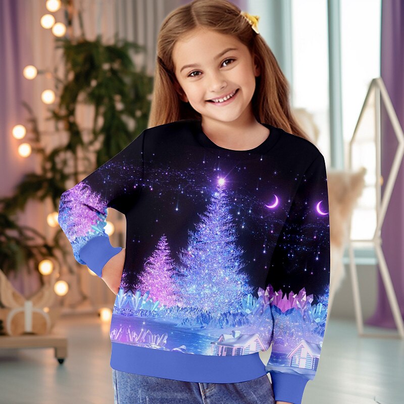 Girls' 3D Christmas Tree Christmas Sweatshirt Sweatshirt Pullover Long Sleeve 3D Print Fall Winter Fashion Streetwear Adorable Polyester Kids 3-12 Years 4-12 Years Crew Neck Outdoor Casual Daily