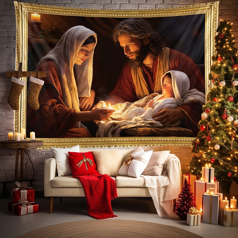 Christmas Decorations Nativity Scene Jesus Baptism Hanging Tapestry Wall Art Xmas Large Tapestry Mural Decor Photograph Backdrop Blanket Curtain Home Bedroom Living Room Decoration3