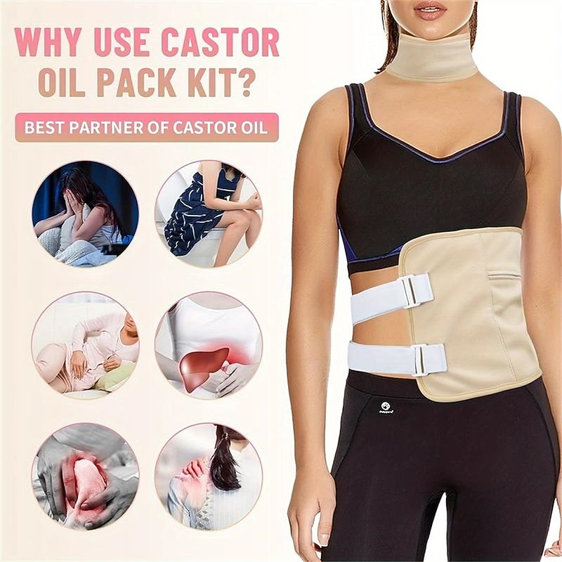 1Pc Castor Oil Set For Waist And Neck, Castor Oil Pack With Adjustable Straps And Pockets, Reusable Castor Oil Pack For Liver Detox, Constipation3