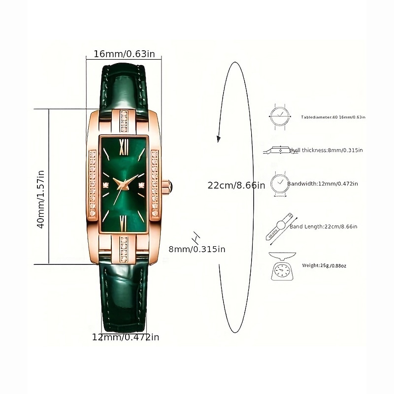 5PCS Set Fashion Women Rectangle Watches Ladies Business Green Leather Quartz Watch Womens Necklace Earrings Bracelet Wristwatch3