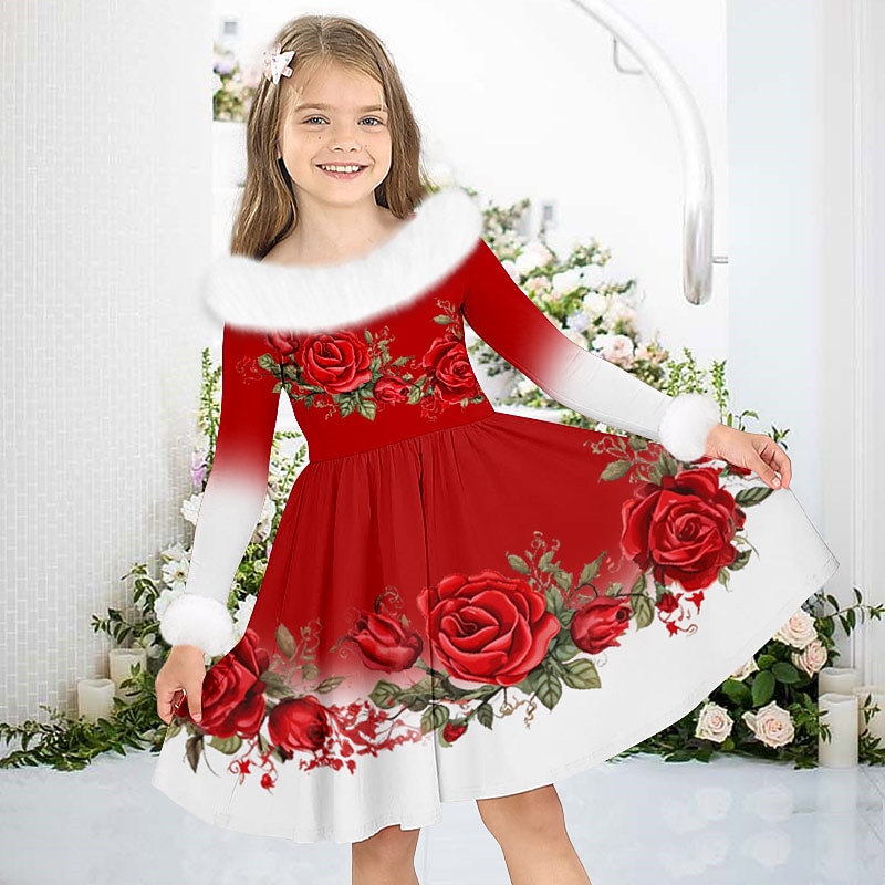 Girls' 3D Floral Dress Long Sleeve 3D Print Fall Winter Sports & Outdoor Daily Holiday Cute Casual Beautiful Kids 3-12 Years Casual Dress Swing Dress A Line Dress Above Knee Polyester Regular Fit3