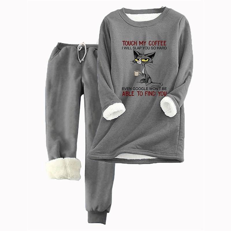 Women's 2 Pieces Sweatshirt Tracksuits Warm Daily Tracksuit Pants Sets Joggers Pants Trousers Long Sleeve Round Neck Cat Letter Drawstring Print Casual Daily Pink Light Grey Gray3
