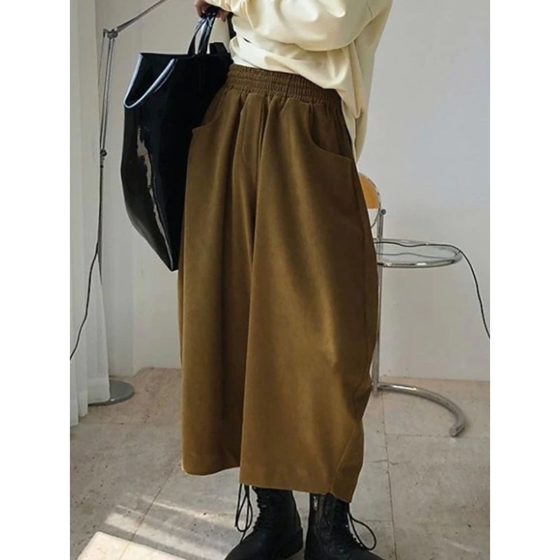 Women's Bloomers Cropped Pants Harem Pants Vacation Vintage Fashion Ankle-Length High Waist Solid Color Pocket Elastic Waist Breathable Comfortable Micro-elastic Outdoor Street Daily dark brown Black3