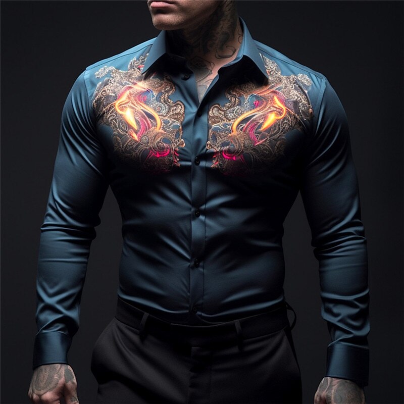 Men's Shirt Button Up Shirt Long Sleeve Casual Outdoor Street Casual Daily Fall & Winter Turndown Buttons Print Black Blue Dark Blue Gray