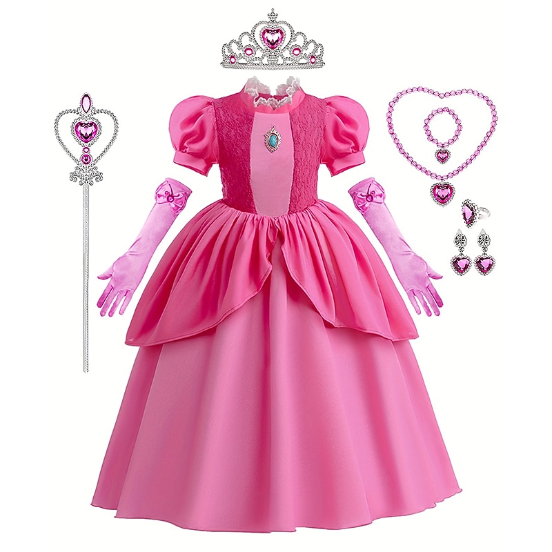 Super Mario Bros Princess Peach Dress Gloves Crown Pattern Dress Cosplay Costume Movie Cosplay for Girls' Kid's Children's Day Masquerade2