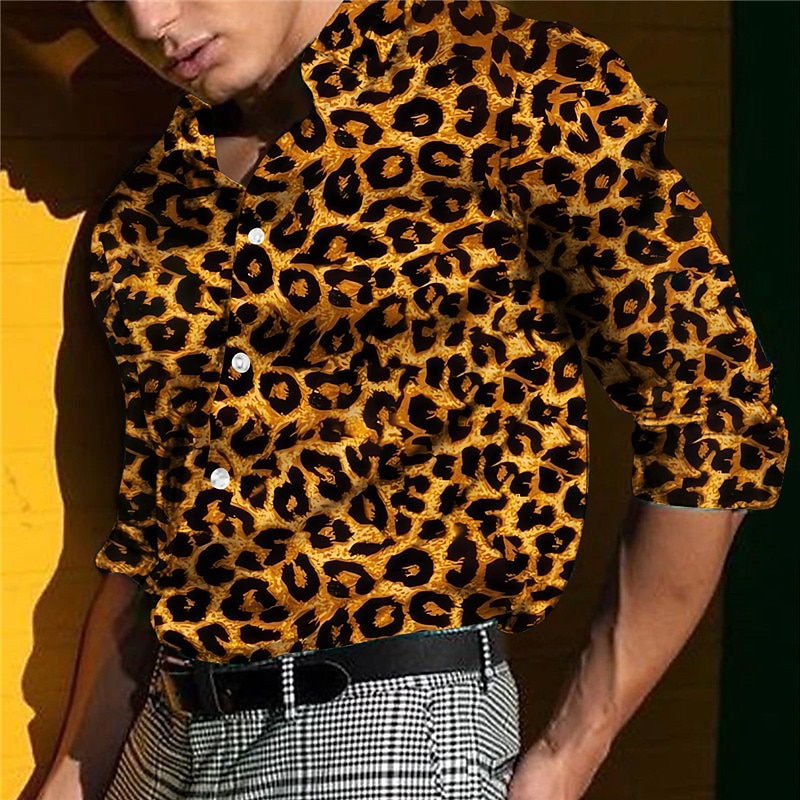 Men's Leopard Print Shirt Long Sleeve Casual Daily Wear Going out Weekend Fall & Winter Turndown Print Button-Down Yellow Pink Rose Red2