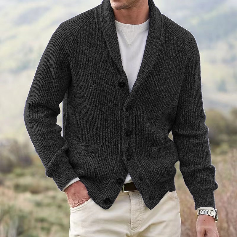 Men's Sweater Cardigan Sweater Cropped Sweater Ribbed Knit Buttons Knitted Solid Color Shawl Collar Basic Casual Daily Holiday Clothing Apparel Fall Winter Black Navy Blue S M L3