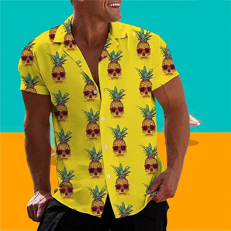 Men's Skull Pineapple Shirt Summer Hawaiian Shirt Aloha Shirt Short Sleeve Shirt Turndown Tropical Fashion Hawaiian Casual Hawaiian Holiday Yellow Light Green Blue S M L2