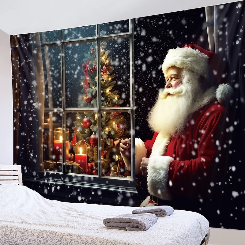 Christmas Decorations Santa Claus Hanging Tapestry Wall Art Xmas Large Tapestry Mural Decor Photograph Backdrop Blanket Curtain Home Bedroom Living Room Decoration Window Snow View2
