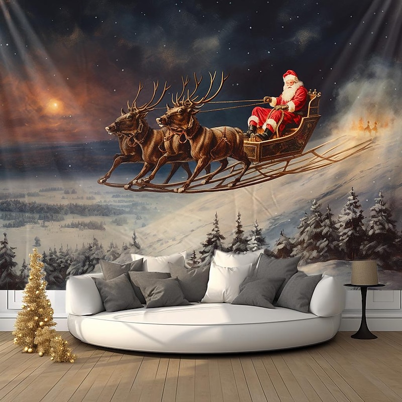 Christmas Decorations Santa Reindeer Sled Hanging Tapestry Wall Art Xmas Large Tapestry Mural Decor Photograph Backdrop Blanket Curtain Home Bedroom Living Room Decoration3