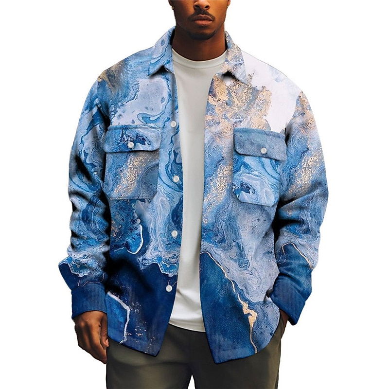 Men's Marble Gradient Ramp Shirt Shirt Jacket Overshirt Long Sleeve Casual Outdoor Street Casual Daily Fall & Winter Turndown Buttons Pocket Print Royal Blue Blue2