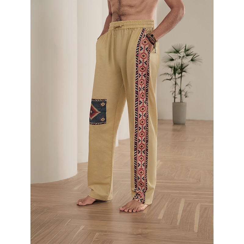 Men's Ethnic Linen Pants Trousers Summer Pants Mid Waist Ethnic Style Retro Vintage Casual Daily Holiday Drawstring Elastic Waist 3D Print Spring & Summer 3D Print Khaki Grey3