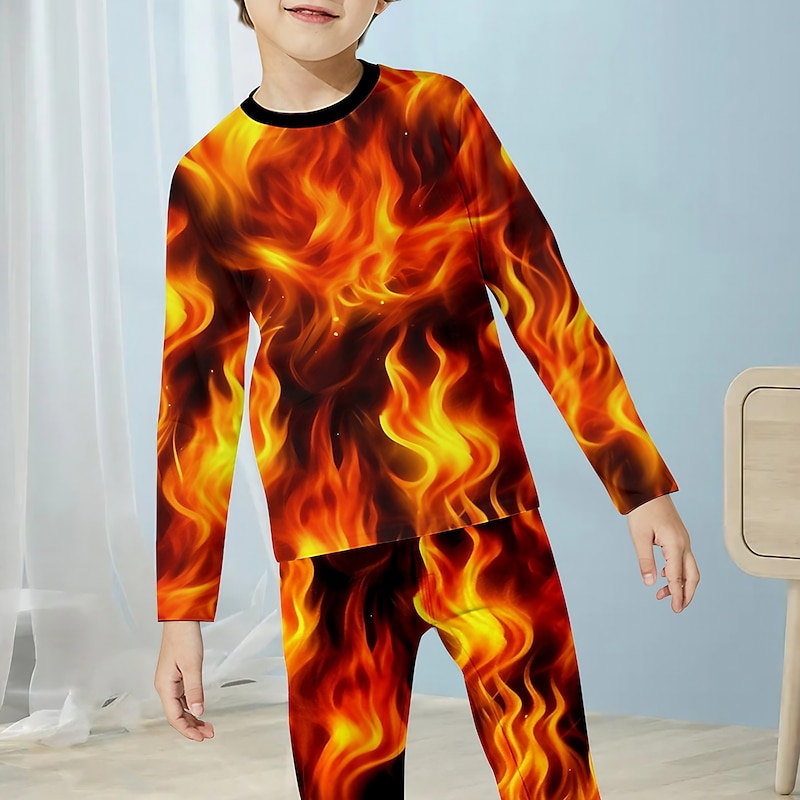 Boys 3D Fire Pajama Sets Long Sleeve 3D Print Fall Winter Active Cool Daily Kids 4 years+ Crew Neck Home Causal Indoor Regular Fit