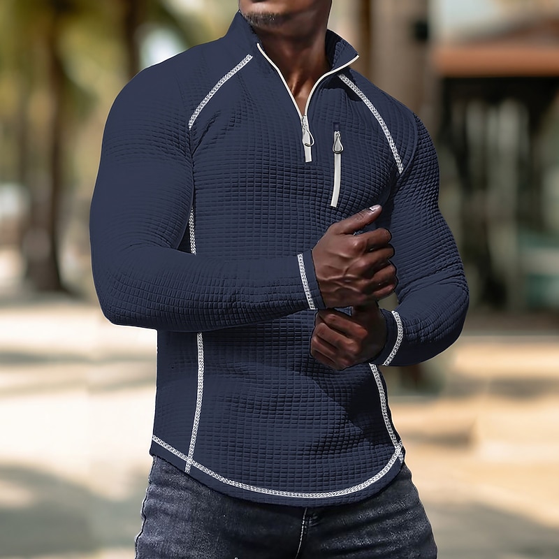 Men's Waffle Tee Waffle Shirt T Shirt Tee Top Long Sleeve Standing Collar Spring &  Fall Color Block Fashion Designer Basic Quarter Zip Vacation Street Going out Black White Navy Blue Top Tee for Men