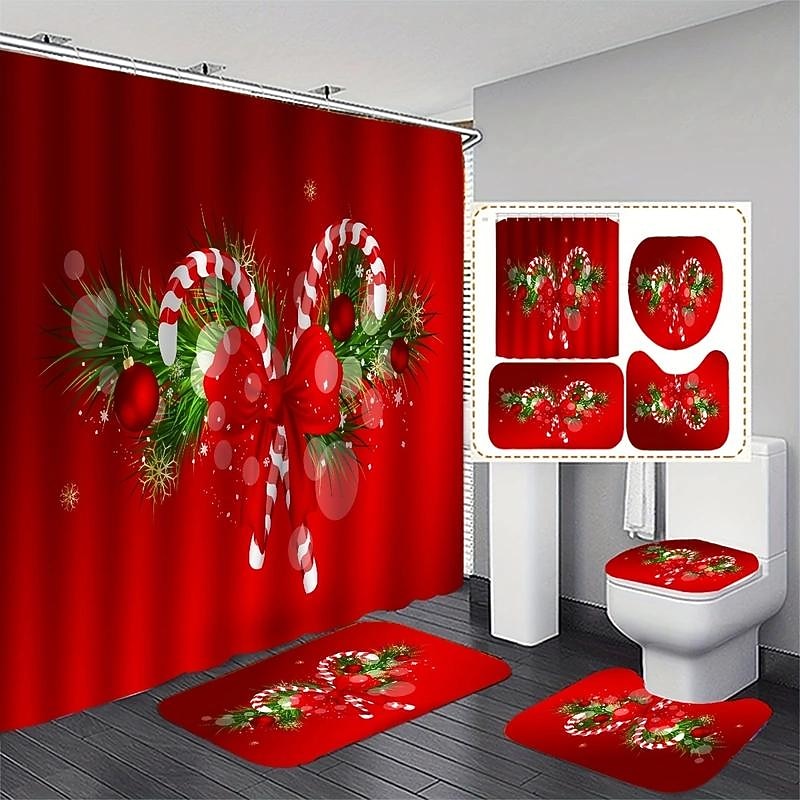 Merry Christmas Shower Curtain With 12 Plastic Hooks, Christmas Candy Christmas Tree Polyester Cloth Curtains , Non-Slip Bathroom Rug, Toilet U-Shape Mat, Toilet Lid Cover Pad, Xmas
