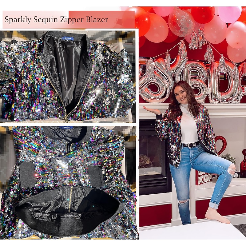 Women's Sequin Fitted Long Sleeve Zipper Blazer Bomber Jacket Retro Vintage Disco 1980s TS Style4