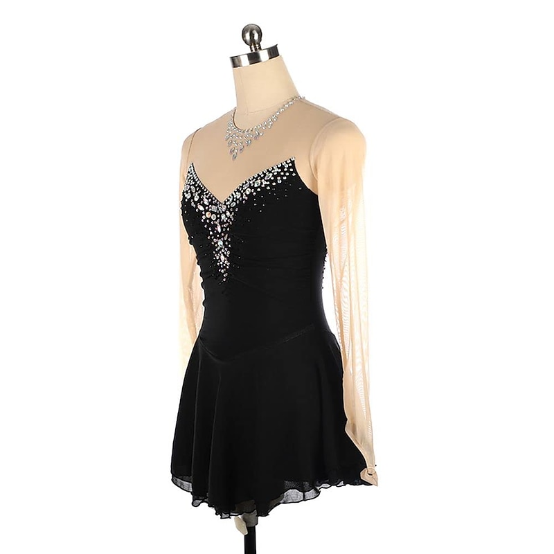 Figure Skating Dress Women's Girls' Ice Skating Dress Black Stretchy Training Competition Skating Wear Thermal Warm Crystal / Rhinestone Long Sleeve Ice Skating Figure Skating3