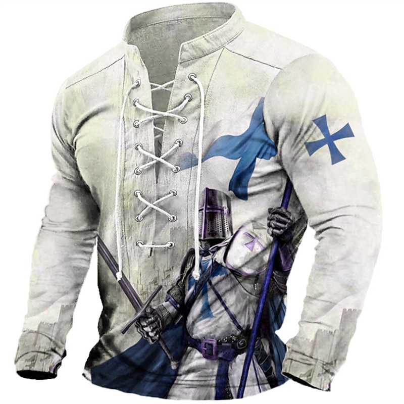Men's Knights Templar Graphic Prints Graphic Tee Long Sleeve T shirt Shirt Fashion Designer Casual Outdoor Vacation Daily Wear Blue Green Khaki Spring &  Fall Clothing Apparel S M L XL 2XL 3XL