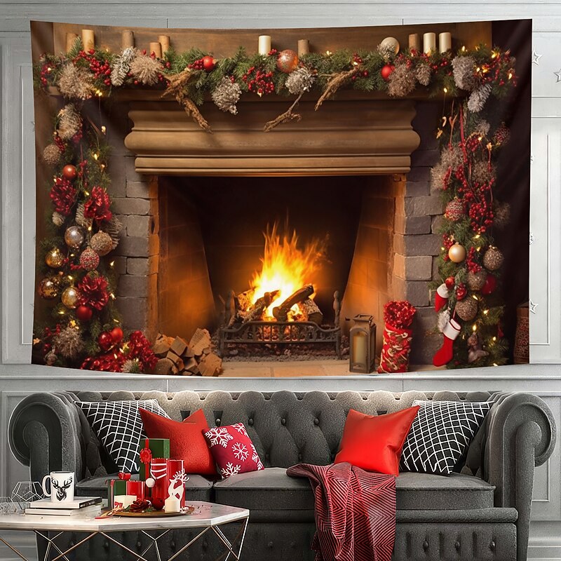 Christmas Decorations Fireplace Hanging Tapestry Wall Art Xmas Large Tapestry Mural Decor Photograph Backdrop Blanket Curtain Home Bedroom Living Room Decoration4