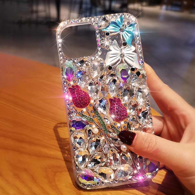 Luxury Rhinestone Floral Case with Beaded Lanyard for iPhone 16e 15 Pro Max Plus 14 13 12 11 Pro Max Mini X XR XS Max 8 7 6 SE – Bling Crystal Full Back Cover2