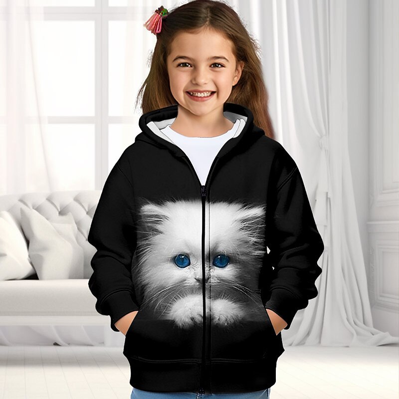 Girls' 3D Cat Hoodie Coat Outerwear Long Sleeve 3D Print Fall Winter Active Fashion Cute Polyester Kids 3-12 Years Outdoor Casual Daily Regular Fit3
