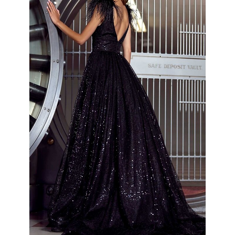A-Line Evening Gown Elegant Dress Formal Sweep / Brush Train Short Sleeve V Neck Sequined with Feather Sequin Masquerade Dress2