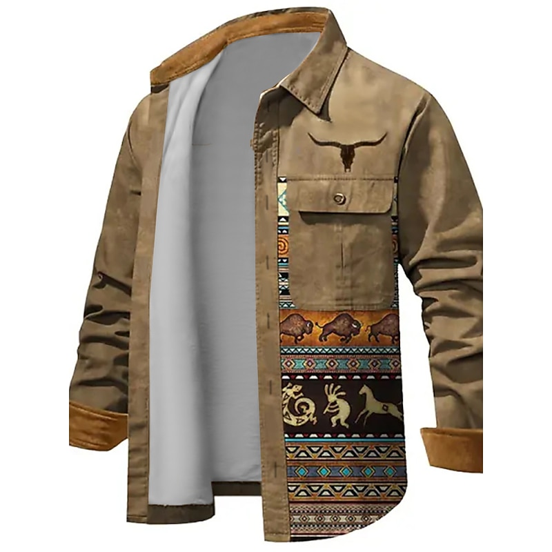 Men's Tribal Bandana Print Shirt Shirt Jacket Long Sleeve Vintage Tribal Outdoor Street Casual Daily Fall & Winter Turndown Buttons Pocket Print Brown