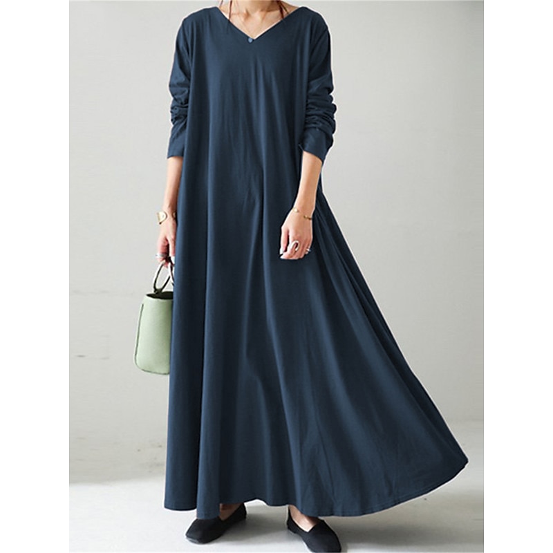 Women's Long Dress Maxi Dress Linen-Inspired Dresses Black Dress Casual Dress Winter Dress Fashion Streetwear Mature Outdoor Street Daily Loose Fit Long Sleeve V Neck Black Yellow Brown Dark Blue3