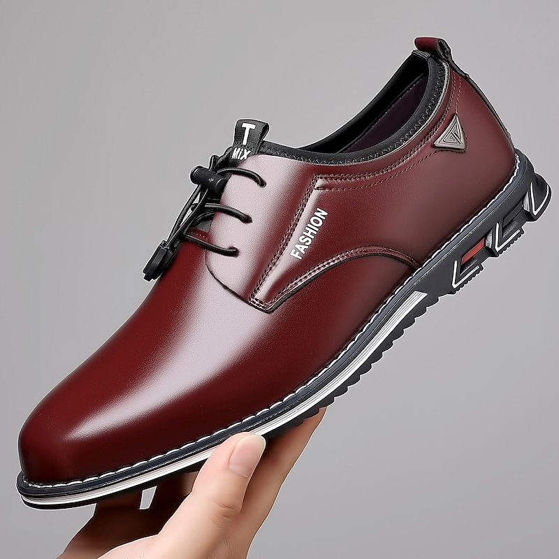 Men's Burgundy Faux Leather Casual Oxford Shoes – Stylish Lace-Up Design with Non-Slip Sole for Business and Everyday Wear