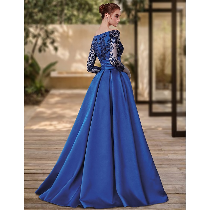Sheath Evening Gown High Split Dress Formal Wedding Guest Sweep / Brush Train 3/4 Length Sleeve Off Shoulder Charmeuse with Bow(s) Sequin Slit2