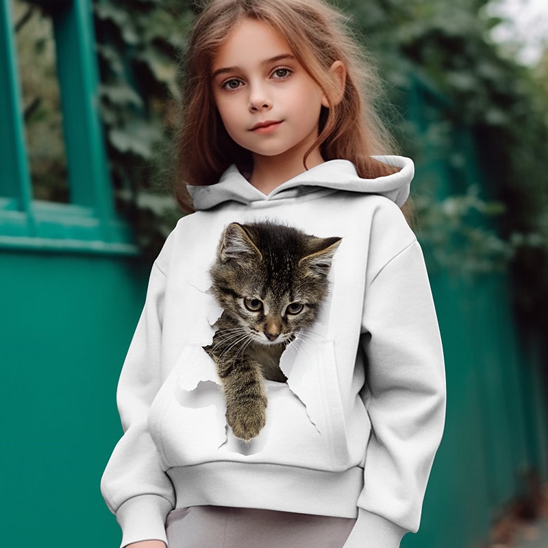 Girls' 3D Cat Hoodie Pullover Long Sleeve 3D Print Fall Winter Active Fashion Cute Polyester Kids 3-12 Years Outdoor Casual Daily Regular Fit2