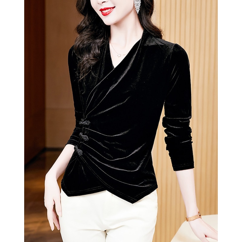 Women's Shirt Blouse Plain Fashion Long Sleeve V Neck Regular Tops Casual Flowing tunic Black Wine Fall & Winter3