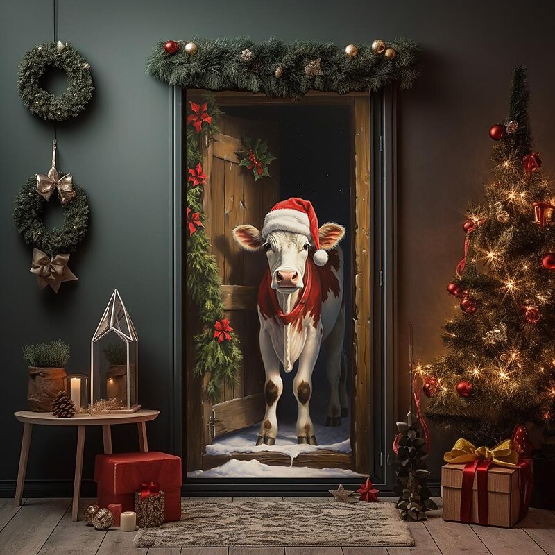 Christmas Door Decorations Cow Door Covers Door Tapestry Door Curtain Decoration Xmas Backdrop Door Banner for Front Door Holiday Party Decor Supplies2