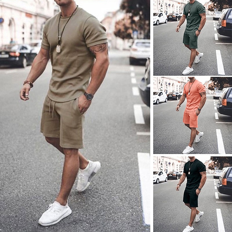 Men's T-shirt Suits Tracksuit Tennis Shirt Shorts and T Shirt Set Short Sleeve Crew Neck Summer Spring Solid Colored Sports Designer Sportswear Drawstring 2 Piece Outdoor Street Daily Black White Pink