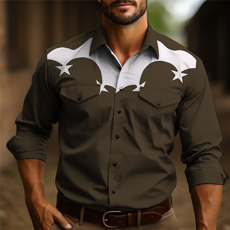 Men's Star Shirt Western Shirt Cowboy Shirt Long Sleeve Casual Outdoor Street Casual Daily Fall & Winter Turndown Buttons Print Black Burgundy Dark Navy Sky Blue Olive4