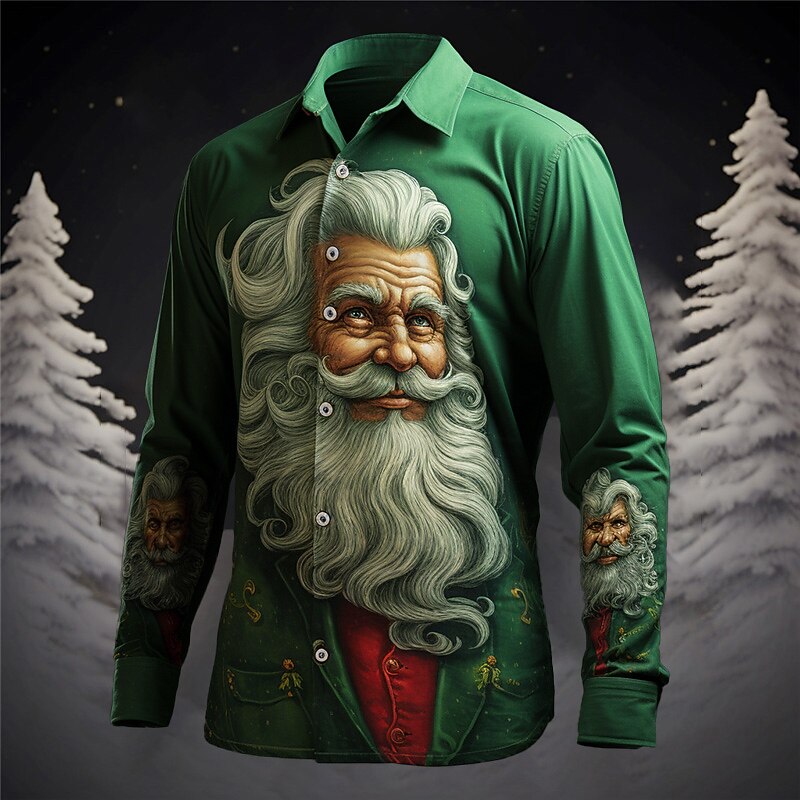 Men's Santa Claus Shirt Summer Hawaiian Shirt Long Sleeve Shirt Turndown Casual Christmas Outdoor Street Red Blue Sky Blue S M L4