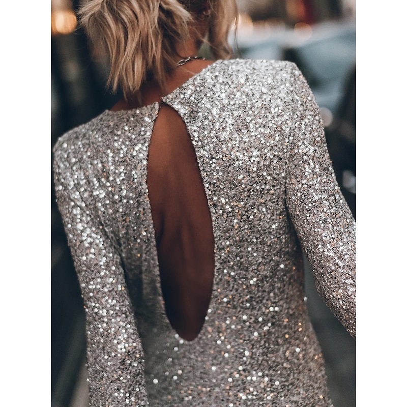 Women's Silver Sequin Dress Party Dress Back Hollow Crew Neck  Sparkly Dress Cocktail Dress Mini Dress Long Sleeve Spring Fall Winter Winter Dress Birthday Dress3