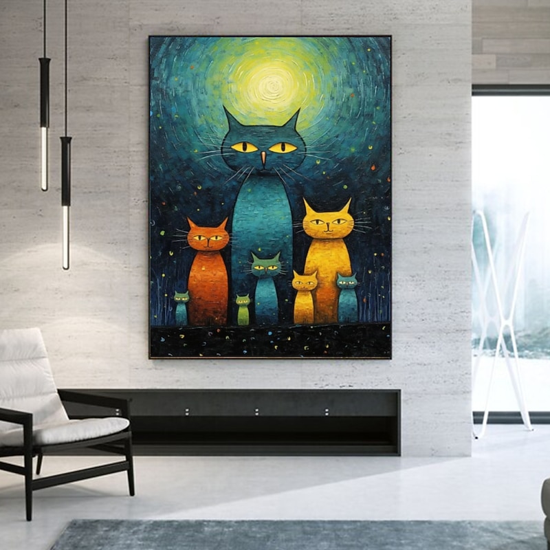Handmate Oil PaintingCanvasWall Art DecorationAbstract Knife PaintingVan Gogh Style Starry Catfor Home Decor Rolled Frameless Unstretched Painting3