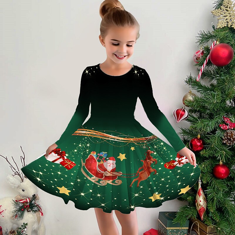 Girls' 3D Santa Claus Snowman Snowflake Christmas Dress Dress Snowflake Dress Long Sleeve 3D Print Fall Winter Vacation Sports & Outdoor Daily Cute Casual Beautiful Kids 3-12 Years Casual Dress A2