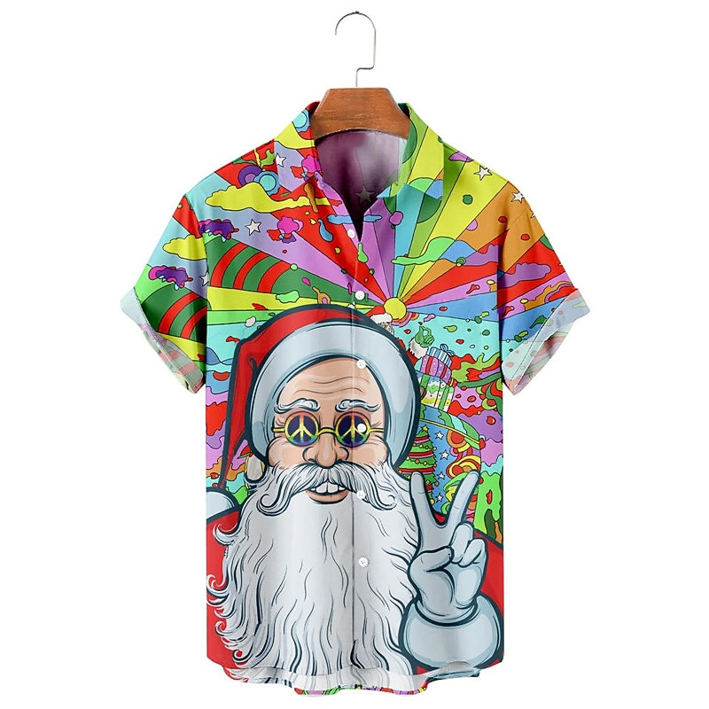 Christmas Men's Santa Claus Printed Shirts Santa Claus Hippie Outdoor Street Fall Turndown Short Sleeve Purple S M L Shirt