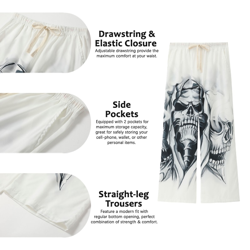Men's Skull Graphic Prints Linen Pants Trousers Baggy Pants Mid Waist Fashion Big and Tall Casual Daily Elastic Drawstring Design Front Pocket Straight Leg Spring & Summer 3D Print White Green Khaki2
