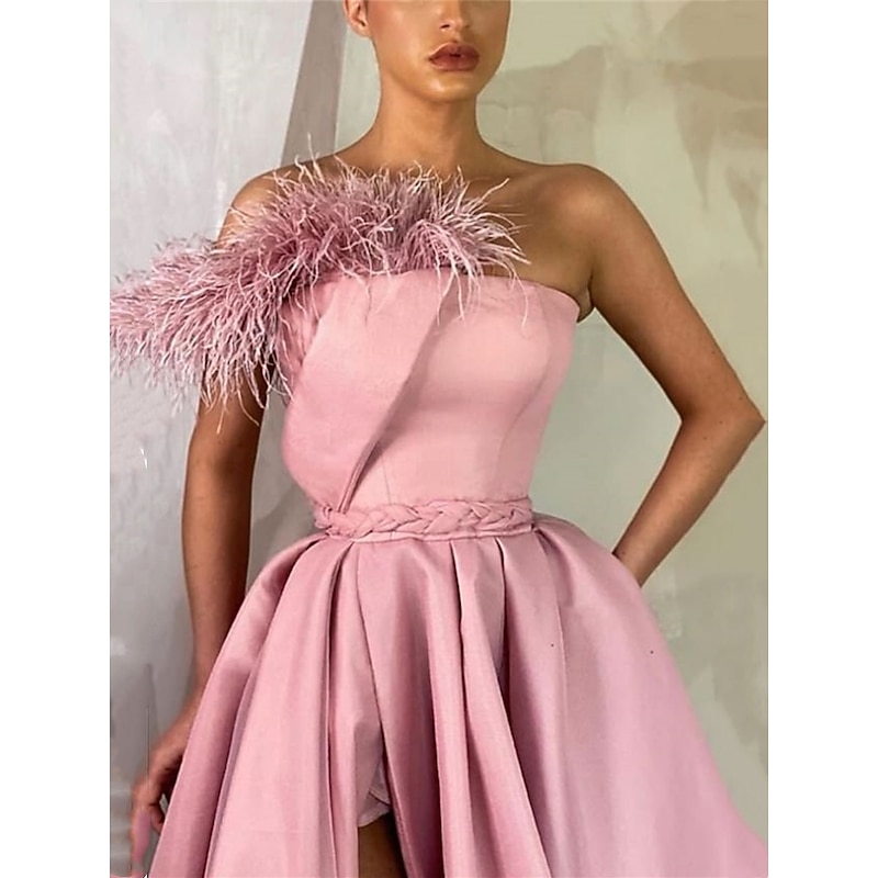 A-Line Black Evening Gown High Split Dress Formal Floor Length Sleeveless One Shoulder Satin with Feather Slit4