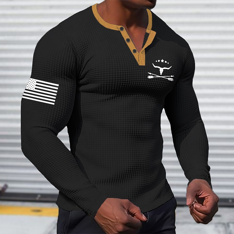 Men's Graphic Cowboy Henley Shirt Waffle T Shirt Long Sleeve 3D Print Fashion Designer Simple Sports Outdoor Holiday Festival Spring &  Fall Black White Brown Green Henley Henley T-Shirt4