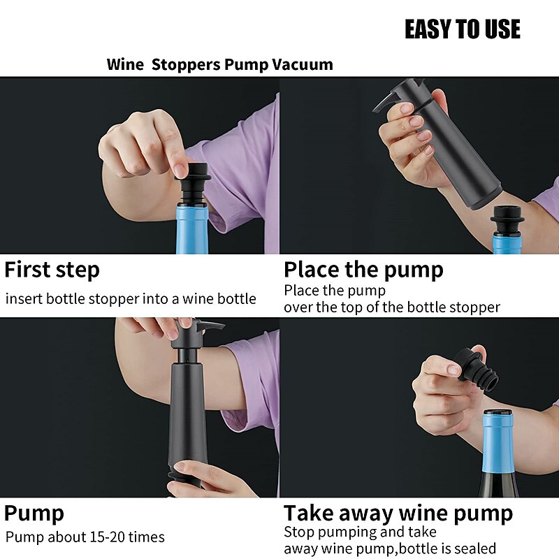 Wine Saver Vacuum Pump with 4 Wine Stoppers Preserver Air Pump Wine Sealer Corks for Red Wine Bottle Wine Rubber Barware Vacuum Stoppers and Preserver Reusable Bottle Sealer Keeps Wine Fresh3