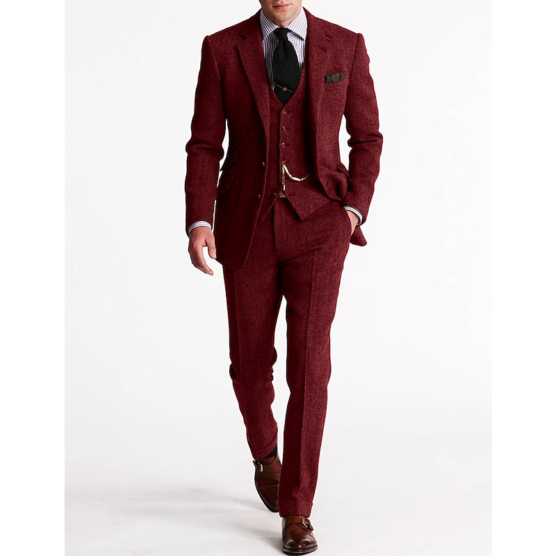 Men's Tweed Herringbone Suits 3 Piece Vintage Retro Plus Size Solid Colored Tailored Fit Single Breasted Two-buttons Brown Burgundy Dark Navy Green Fall/Winter2