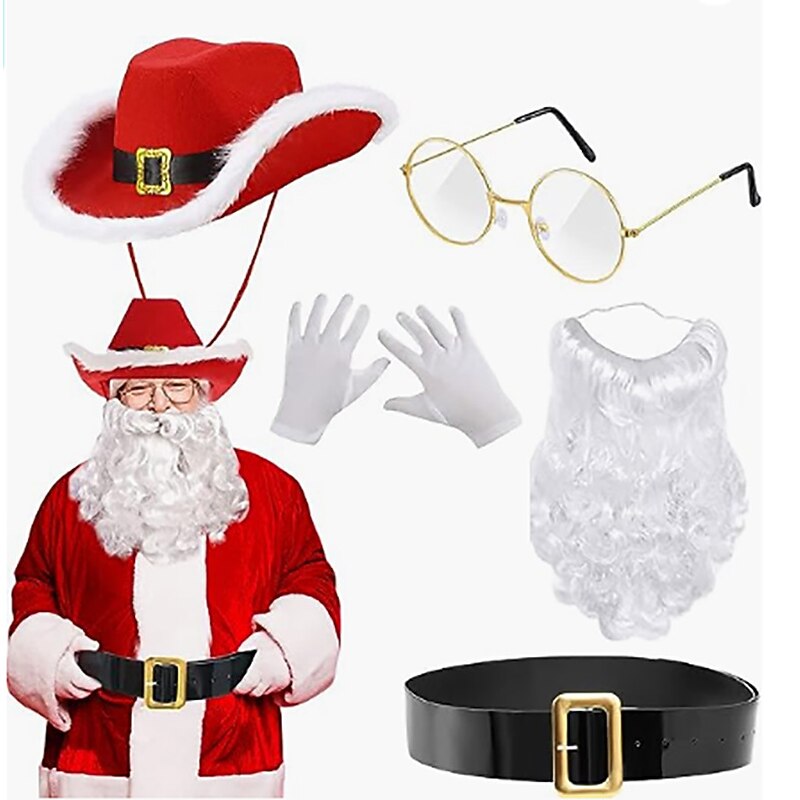 Santa Claus Christmas Accessories Santa Beard Santa Hat Men's Christmas Adults' Christmas Christmas Eve Christmas Party Headpiece Gloves Belt Hat2
